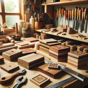 A Cozy Woodworking Workshop Scene With A Focus On Crafting Wooden Coasters. The Image Shows A Wooden Workbench With Various Woodworking Tools Like Saw