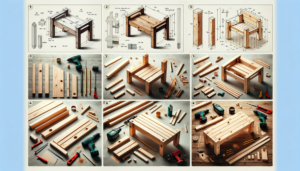 A Series Of Images Depicting The Process Of Building A Simple Wooden Bench, Displayed Sequentially. The First Image Shows A Sketch Of The Bench Design