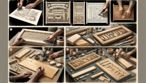 A Series Of Images Depicting The Process Of Crafting A Wooden Sign. The First Image Shows A Sketch Of The Sign Design With Text, Font Style, And Decor