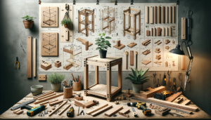 A Wooden Plant Stand In Various Stages Of Construction, Displayed Sequentially. The First Part Shows The Initial Design Sketches With Dimensions And L