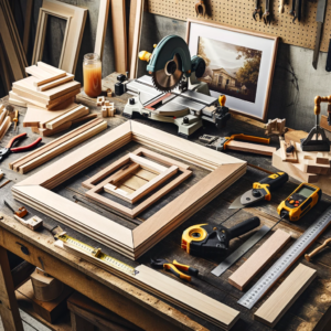 A Woodworker's Workshop With A Diy Project In Progress Showing The Steps Of Making A Wooden Picture Frame. On A Workbench, There Are Various Tools