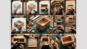 A Wooden Jewelry Box In Various Stages Of Construction, Displayed Sequentially. The First Part Shows The Initial Design Sketches With Dimensions And L