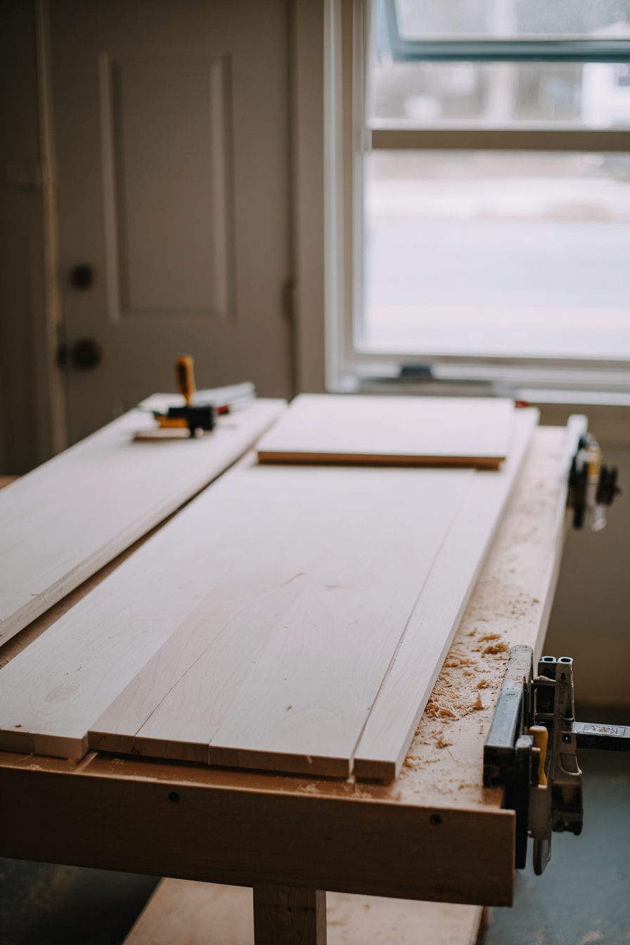 Wood panels being dry fitted and lightly clamped on a sturdy workbench inside a garage woodworking shop before glue application